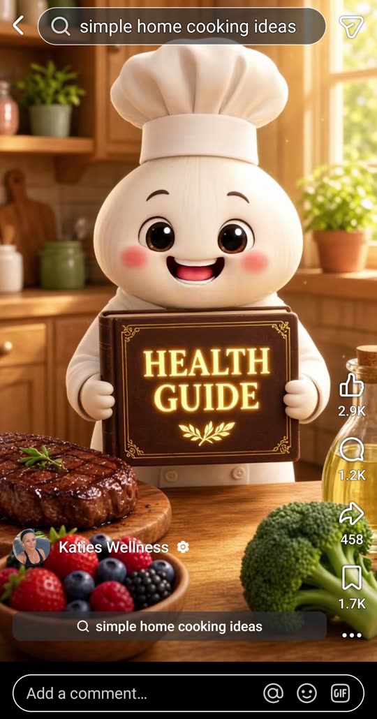 Talking chef character reel holding a health guide, showing 2.9K likes, 1.2K comments and 1.7K saves